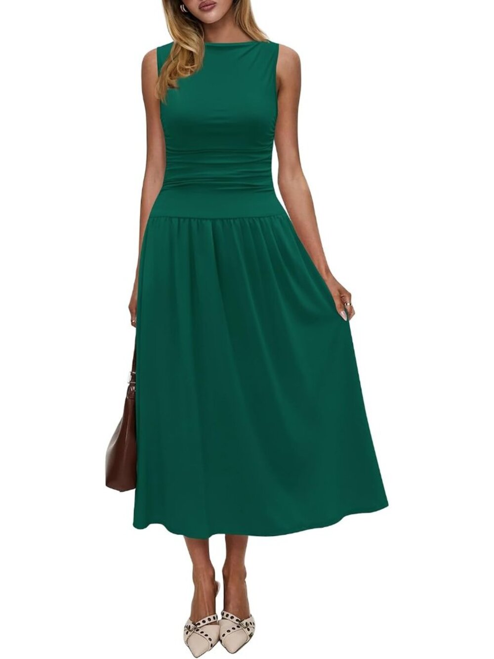 Women's Green Summer High Neck Drop Waist Formal Wedding Guest Long Maxi Dresses